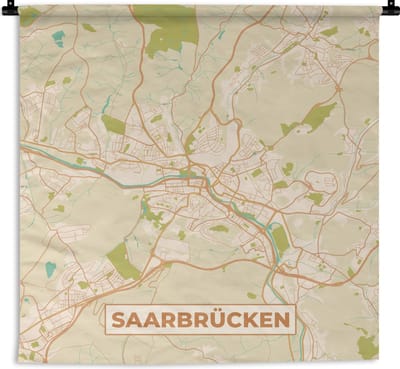 Wandkleed - Wanddoek - Saarbrücken - Plattegrond - Vintage - Stadskaart - Kaart - 180x180 cm - Wandtapijt