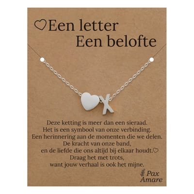 Letter X ketting op Cadeau Kaartje - Een letter, een belofte - 45cm Zilverkleurig Stainless Steel - Initiaal & Hartje Hanger - Pax Amare