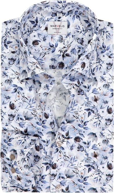 MARVELIS modern fit overhemd - popeline - wit met blauw en bruin bloemen dessin - Strijkvrij - Boordmaat: 39 (EU maat: M)