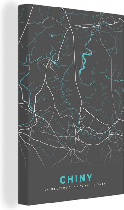 Canvas Schilderij Plattegrond – Chiny – Blauw – Stadskaart - Kaart - België - 20x30 cm - Wanddecoratie