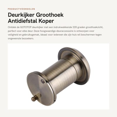 Dailygoods - Deurkijker - Groothoek - Antidiefstal - Koper - Optisch glas - Geschikt voor deuren - Kleur brons
