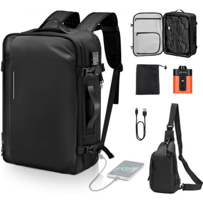 VEVOR Vacuümrugzak, 65 L, Uitbreidbare vacuümcompressie-reisrugzak met pomp, TSA-goedgekeurd slot, USB-oplaadpoort, waterdichte handbagage, voor zakelijk gebruik, zwart