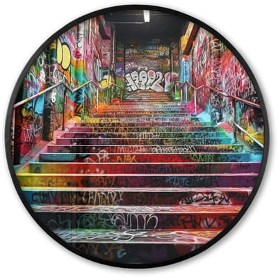 Poster in lijst Rond - Fotolijst 60x60 cm - Posters - Trap - Graffiti - Kleuren - Kunst - Ronde posterlijst zwart - Decoratie - Wanddecoratie woonkamer - Muurdecoratie slaapkamer