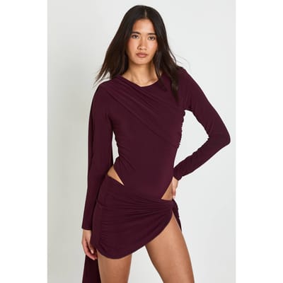 boohoo Dames Dubbele Laag Slinky Draperie Detail Mini Rok | Plum | Maat: 6
