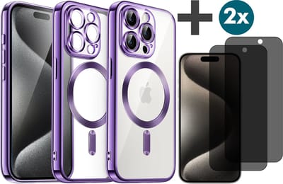 Hoesje met Privacy Screenprotectors 2 Stuks Geschikt voor iphone 15 Pro Hoesje - Geschikt voor MagSafe - Arara siliconen Backcover - Paars