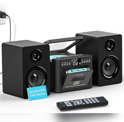 Stereo-installatie 40W met CD-speler & Cassetterecorder – 9-in-1 HiFi Muziekinstallatie met Bluetooth 5.1, FM-radio, USB, TF & Afneembare Houten Luidsprekers | Zwart