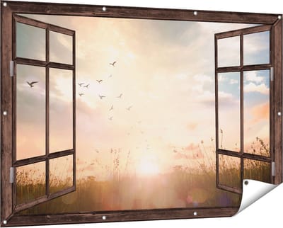 Gards Tuinposter Doorkijk Silhouet Vogels tijdens Zonsopkomst - 150x100 cm - Tuindoek - Tuindecoratie - Wanddecoratie buiten - Tuinschilderij