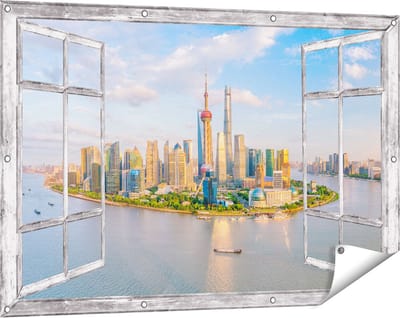 Gards Tuinposter Doorkijk Skyline Shanghai Stad in China - 120x80 cm - Tuindoek - Tuindecoratie - Wanddecoratie buiten - Tuinschilderij