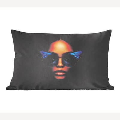 Sierkussens - Kussentjes Woonkamer - 60x40 cm - Vrouw - Vlinder - Bril - Blauw - Modern - Portret