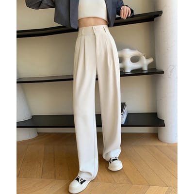 Stijlvol en Lui Dubbelknoop Design Wijde Pijpen Pakbroek Recht Hoge Veelzijdige Taille Lange Broek 5XL wit