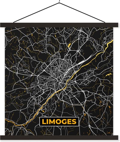 Posterhanger incl. Poster 60x60 cm - Schoolplaat - Plattegrond - Limoges - Stadskaart - Frankrijk - Kaart - Textielposter - Zwarte latten - Stadskaart