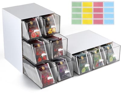 Dailygoods- Theedoos 12 vaks - Houder voor theezakjes - Stapelbaar - Kunststof - 3 x theezakjesdozen - 22,6 x 16,5 x 7,7 cm - Theezakjesdoos