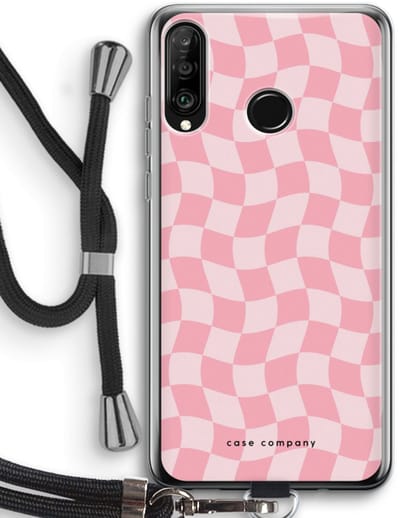 Case Company® - Hoesje met koord geschikt voor Huawei P30 Lite hoesje met Koord - Grid Roos - Telefoonhoesje met Zwart Koord - Bescherming aan alle Kanten en Over de Schermrand