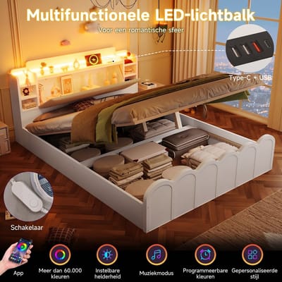 VVBV Gestoffeerd Opbergbed 140x200 cm - Hydraulische Opbergruimte, LED-Verlichting, App-bediening - Wit - Zonder Matras