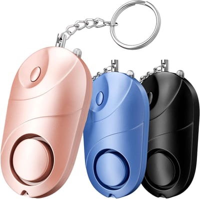 3-pack persoonlijke veiligheidsalarmen met led-lampjes - compacte noodsleutelhanger voor kinderen, vrouwen en ouderen, ter voorkoming van criminaliteit, persoonlijk alarm,Zwart + blauw + roségoud