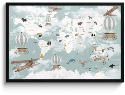 Poster in lijst - Fotolijst 90x60 cm - Posters - Wereldkaart - Kind - Vliegtuig - Posterlijst zwart - Decoratie - Wanddecoratie woonkamer - Muurdecoratie slaapkamer