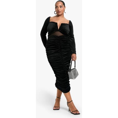 boohoo Dames Plus Fluwelen Doorzichtig Gedetailleerde Lange Mouwen Midi Jurk | Black | Maat: 24