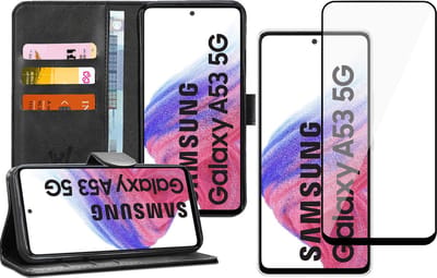 Hoesje geschikt voor Samsung Galaxy A53 - Book Case Kunstleer Wallet Cover Portemonnee Pasjeshouder Hoes Zwart - Full Tempered Glass Screenprotector