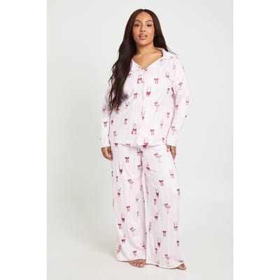 boohoo Dames Plus Gestreepte Cocktail Lange Mouw Shirt En Broek Pyjama Set | Roze | Maat: 50