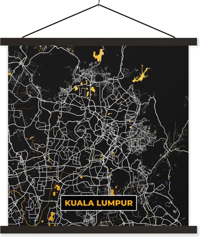 Posterhanger incl. Poster 60x60 cm - Schoolplaat - Kuala Lumpur - Stadskaart - Plattegrond - Goud - Kaart - Textielposter - Zwarte latten - Stadskaart