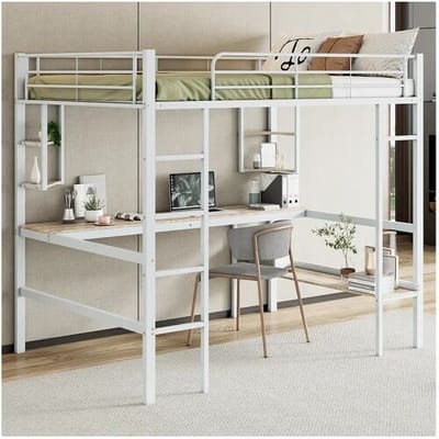 Merax Hoogslaper 140 x 200 cm met bureau en planken - Metaal - Lattenbodem - Wit (zonder matras)