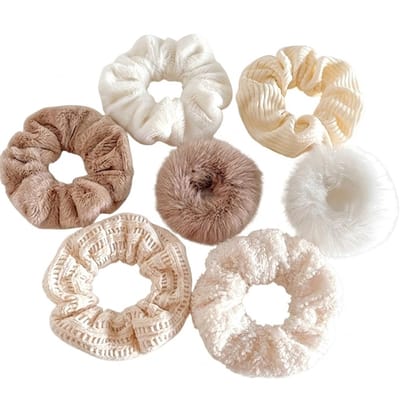 Beige wit pluche scrunchies dames haarbanden set zachte elastiek haar accessoires voor paardenstaart knot opsteek kapsel winter stijl 7 delige set