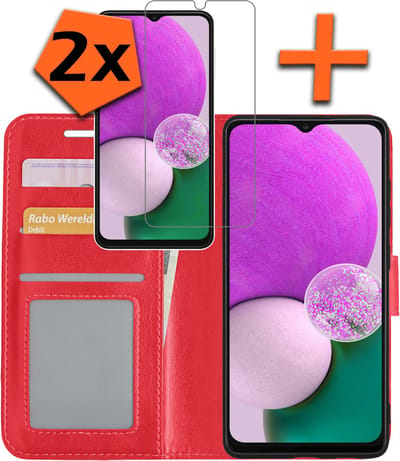 Hoes - Met 2x Screenprotector - Geschikt voor Samsung Galaxy A13 5G - Luxe Pasjeshouder - Bookcase Portemonee - Flip Case - Kunstleer Book Case - Flipcase Hoes - Book Cover - Walletcase - PortemonneeHoes - Rood