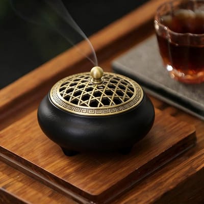 Vintage Keramische Kers Branders met Metaal Deksel en Vilt voor Wierookstokjes en Kegels, Perfect voor Thuis, Meditatie en Interieurdecoratie