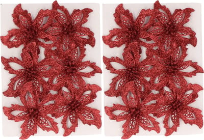 Cosy & Trendy Kerstboom bloemen op clip - 12x st - rood -glitter - 8 cm - polyester - roos