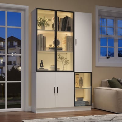 Vitrinekast - 200 cm Hoog - met LED en Glazen Deur - voor Verzamelingen - Aluminium en Glas - Grijs