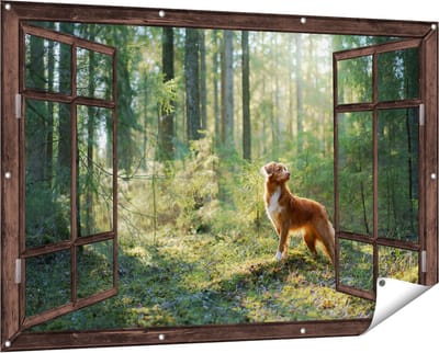 Gards Tuinposter Doorkijk Retriever Hond in het Bos met Zon - 150x100 cm - Tuindoek - Tuindecoratie - Wanddecoratie buiten - Tuinschilderij