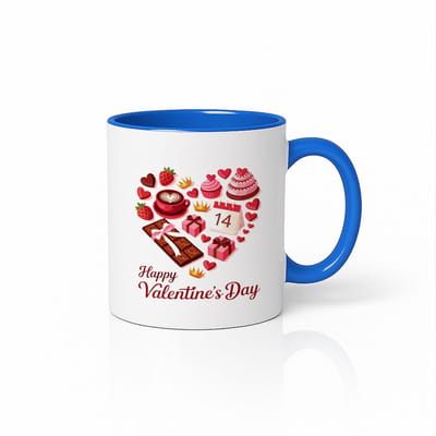 Happy Valentine’s Day Mok – Blauw & Wit Keramische Koffiemok 330 ml – Hartjes & Chocolade Valentijnscadeau