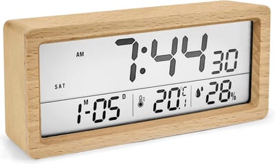 Digitale Hout Wekker met Groot Scherm - Tafelklok met Snooze, Datum, Temperatuur en Vochtigheid voor Slaapkamer en Kantoor