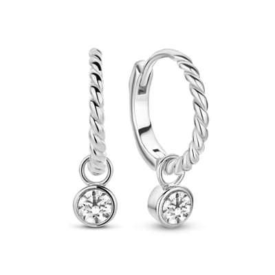 New Bling 9NB-0770 Zilveren Oorringen met Hangertje - Dames - Zirkonia - 5 mm Doorsnee - Oorringen - Bewerkt - 15 x 1,6 mm - Rhodium - Zilver