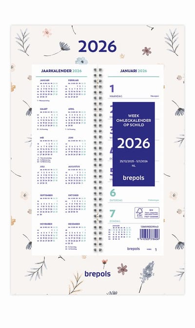 Brepols Week omlegkalender 2026 - Fantasy - Week begint op maandag - 20 x 31 cm - Beige - Bloem