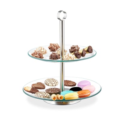 glazen etagère - 2 laags - rond - glas - rvs - serveertoren - transparant/zilver