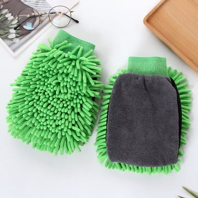 Autowashandschoenen - 2 stuks - Microvezel autowashandschoenen - Zachte krasbestendige verdikte chenille autowashandschoenen - Lange pool enkelzijdig - Waterabsorberende reinigingsset - Auto wassen/waxen/afvegen/decontaminatie - 20x25cm - groente