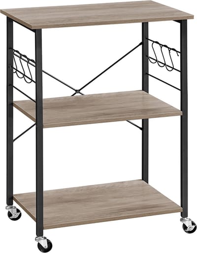 Keukenplank - keukenrek - keukentrolley - met wielen - hoogte 89 cm - 3 niveaus - 6 haken - Greige-Zwart