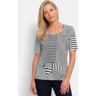Viscose shirt met abstracte streepjesprint - zwart / wit / gedess. - Gr. 20 van Goldner Fashion