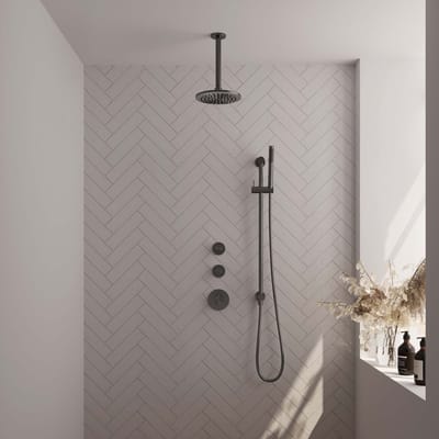 Brauer Gunmetal Edition thermostatische inbouw regendouche SET 17 met 20 cm douchekop en plafondarm en staaf handdouche en doucheslang en geïntegreerde glijstang gunmetal geborsteld PVD