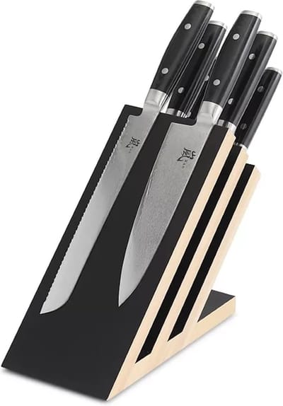 Yaxell Ran Messenset – 7-delig – Beukenhouten Magnetische Messenhouder met 6 Messen – 69 Lagen Damaststaal – VG10 Staal – 61 HRC – Canvas-Micarta Heft