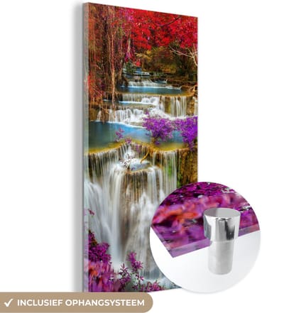 MuchoWow® Glasschilderij 20x40 cm - Schilderij acrylglas - Waterval - Roze - Bomen - Foto op glas - Schilderijen