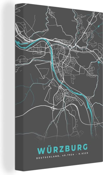 Canvas Schilderij Blauw – Duitsland – Plattegrond – Stadskaart – Kaart – Würzburg - 20x30 cm - Wanddecoratie