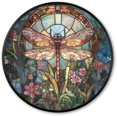 Poster in lijst Rond - Fotolijst 60x60 cm - Posters - Libelle - Mozaïek - Bloemen - Kleurrijk - Ronde posterlijst zwart - Decoratie - Wanddecoratie woonkamer - Muurdecoratie slaapkamer