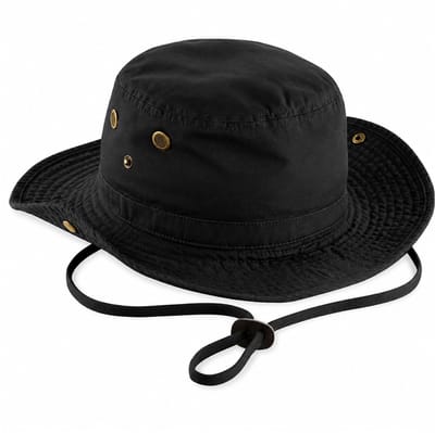 Beechfield - Outback safari hoed - Bucket hat - Vissershoedje - Katoenen Zonnehoed met kinband - UPF50+ - 58 cm - Zwart