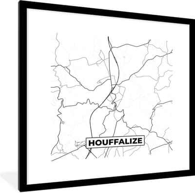 Fotolijst incl. Poster Zwart Wit- Stadskaart – Plattegrond – België – Zwart Wit – Houffalize – Kaart - 40x40 cm - Posterlijst