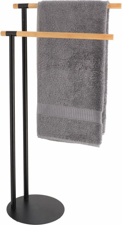 Tendance Handdoeken ophangrek/houder - badkamer - bamboe hout/metaal - 40 x 22 x 78 cm - zwart