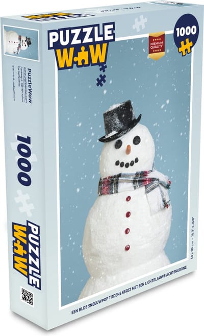 Puzzel Een blije sneeuwpop tijdens kerst met een lichtblauwe achtergrond - Legpuzzel - Puzzel 1000 stukjes volwassenen - Kerst - Cadeau - Kerstcadeau voor mannen, vrouwen en kinderen