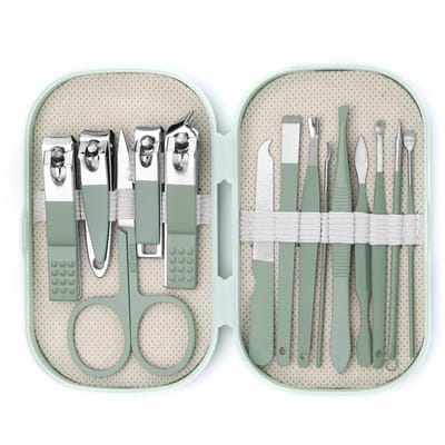 14 stuks/set Manicure & Pedicure Set Roestvrij Staal Nagelschaar Nagelknippers Nagelriem Dode Huid Verwijderaar Voor Mannen Vrouwen groen