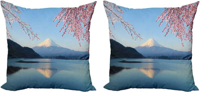ABAKUHAUS Decoratieve kussenhoes met bergmotief, 2 stuks, Japans berg- en sakura-design, 40x40 cm, meerkleurig